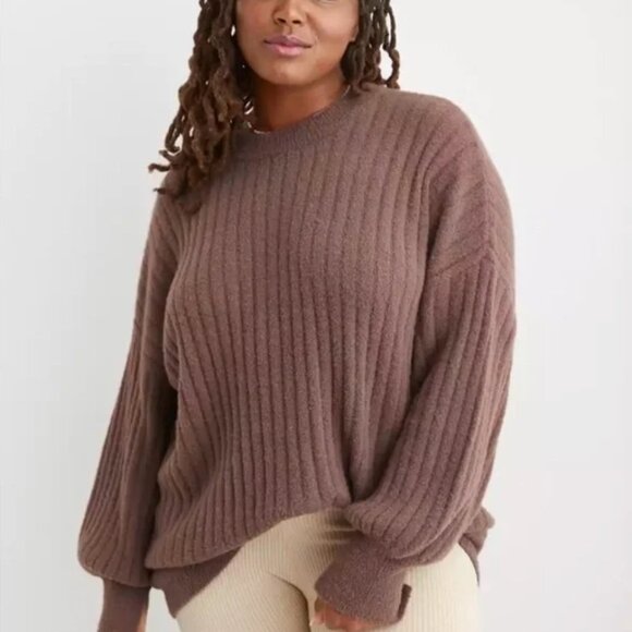 Aerie Buttercream Oversized Ribbed Sweater Brown Pullover Soft Crewneck Large - Picture 1 of 7